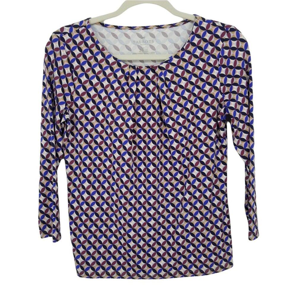 3/$25‎ Talbots Geometric Print Top P XSP 3/4 Sleeves Stretch Blue Tan Scoop Neck